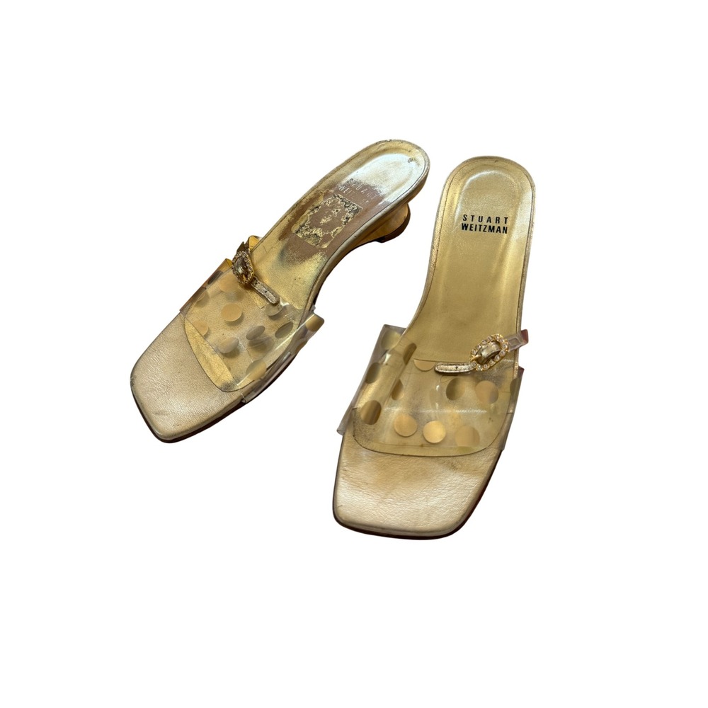 Stuart Weitzman Rimini Gold Polka Dot Clear Kitten Heel Sandals 6